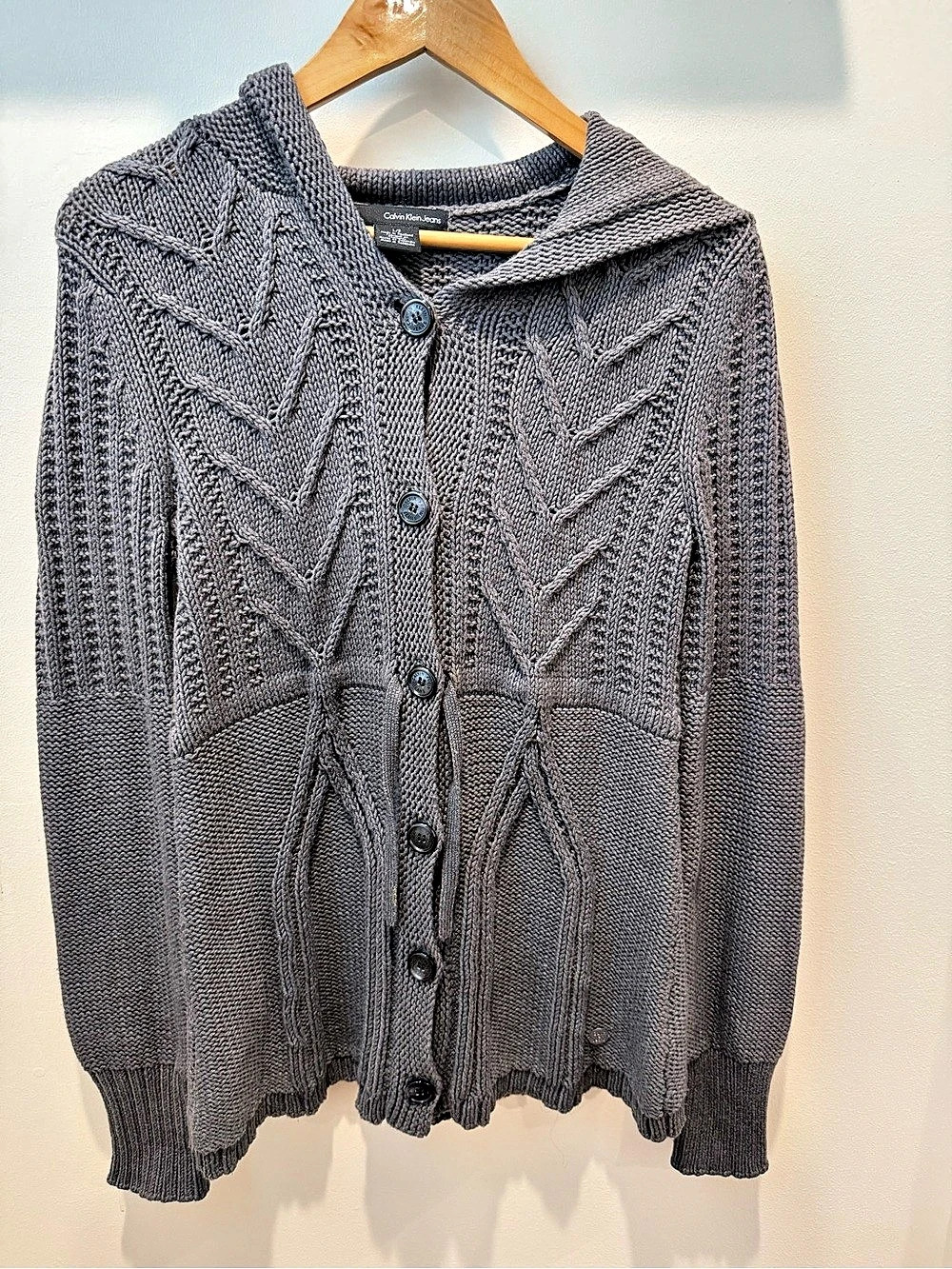 Calvin Klein Jeans Cable Knit Hooded Cardigan Gray Large Like New